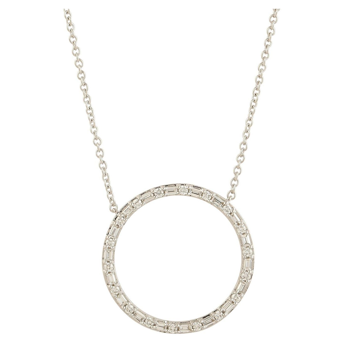 Circle Of Life Necklace with Baguette Diamonds Made in 18k White Gold For Sale