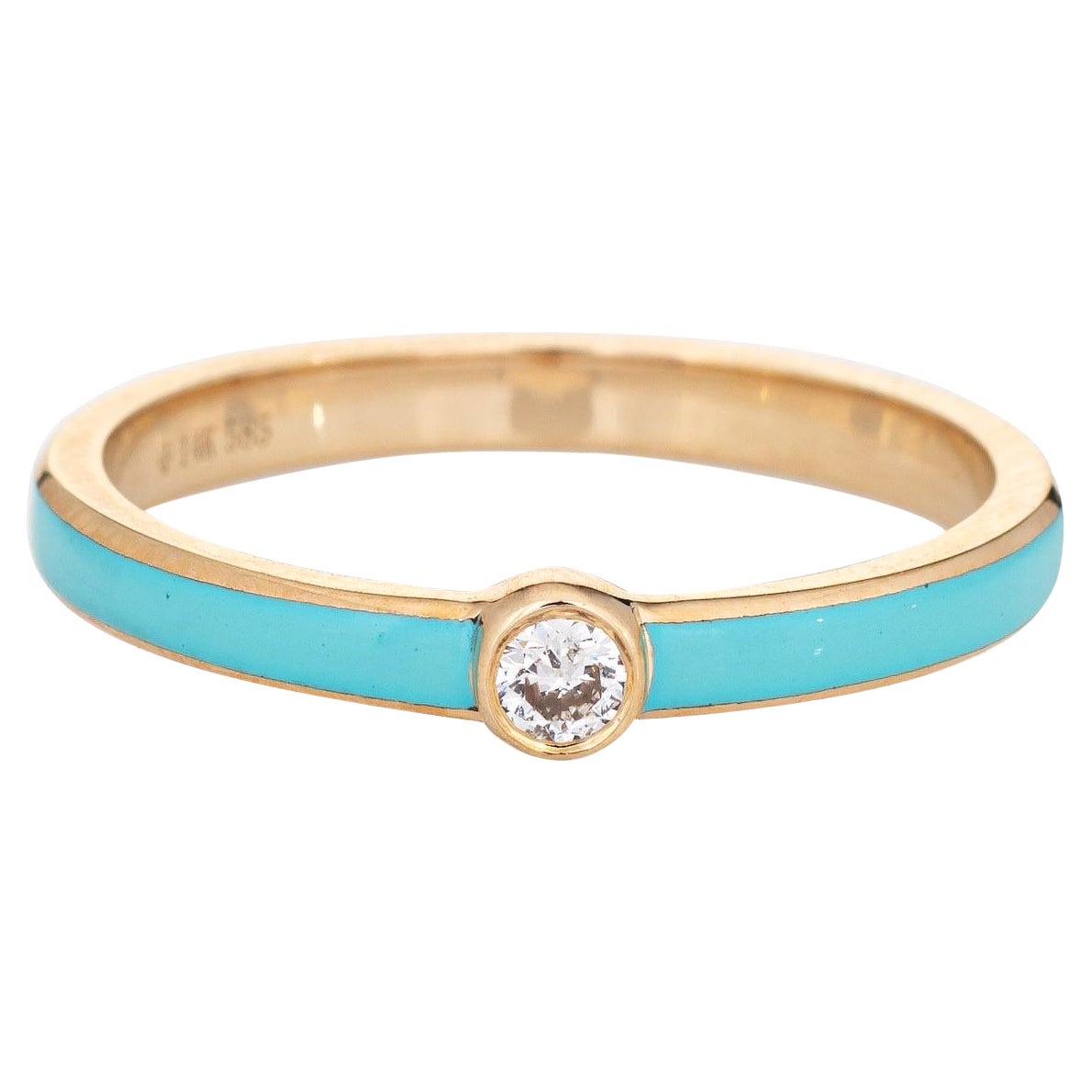 Turquoise Enamel Diamond Ring 14k Yellow Gold Stacking Band Jewelry