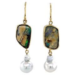 "Outback Snowballs" Boulder Opal & South Sea Pearl Earrings in 18 Karat Gold