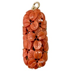 Antique Victorian Coral Flower Pendant Hand Carved Circa 1880 Gold Rare Necklace