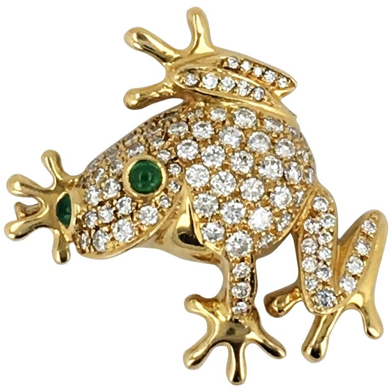 Emerald Diamond Gold Frog Brooch For Sale at 1stDibs