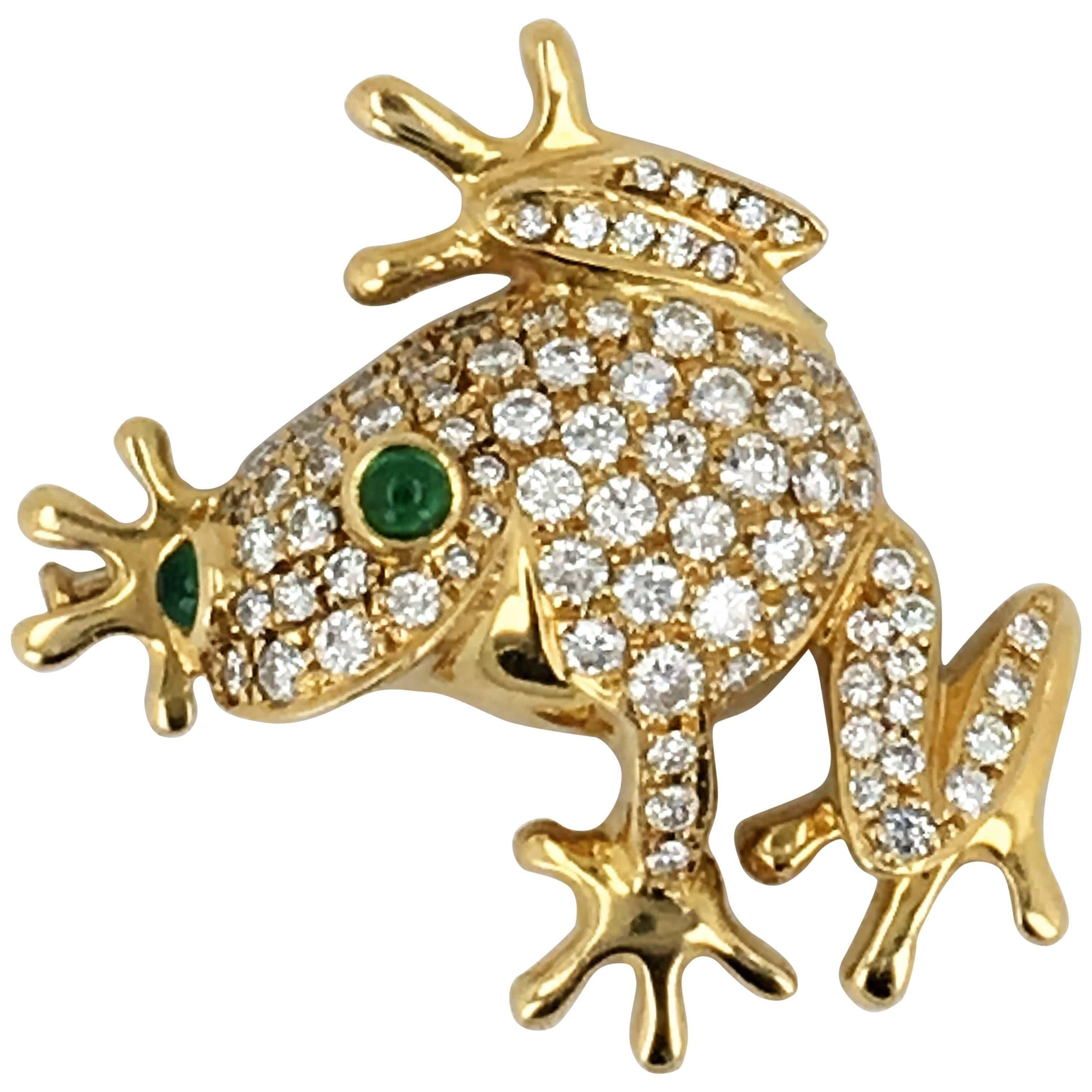 Emerald Diamond Gold Frog Brooch For Sale