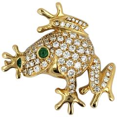 Vintage Emerald Diamond Gold Frog Brooch