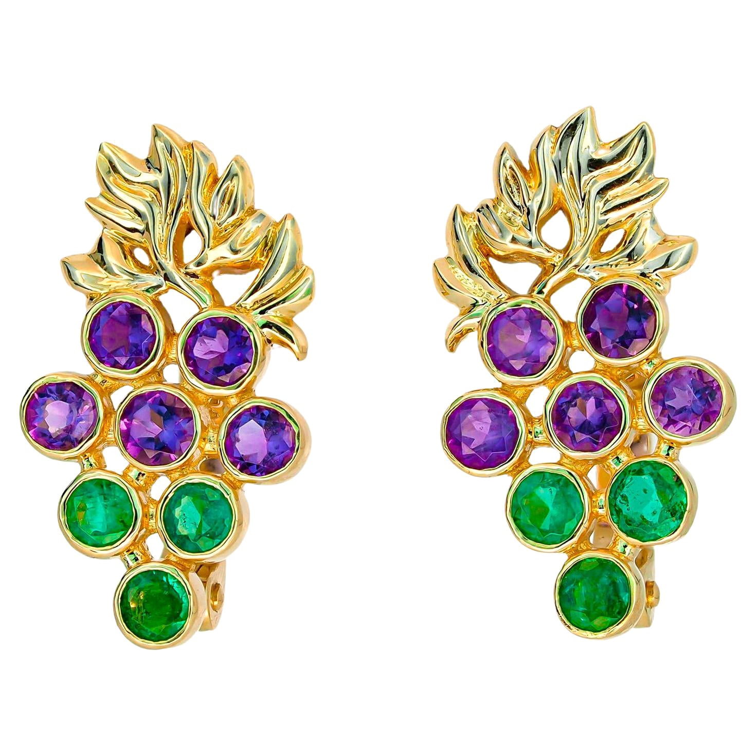 14k Gold Grape Earrings with Emeralds and Amethysts For Sale