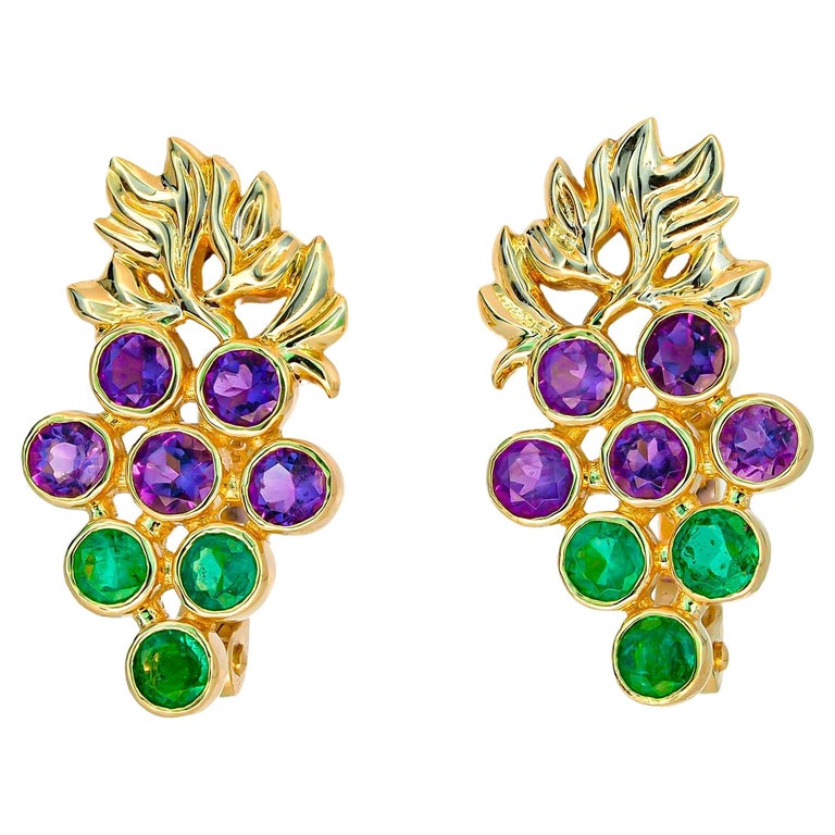 14k Gold Grape Earrings with Emeralds and Amethysts For Sale at 1stDibs