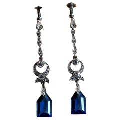 Antique Art Deco Drop Earrings, Zircon and Blue Paste, Boxed