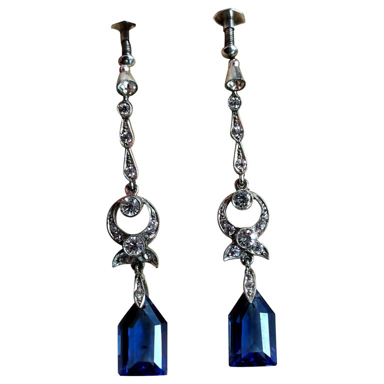 Vintage Art Deco Drop Earrings, Zircon and Blue Paste, Boxed For Sale at 1stDibs