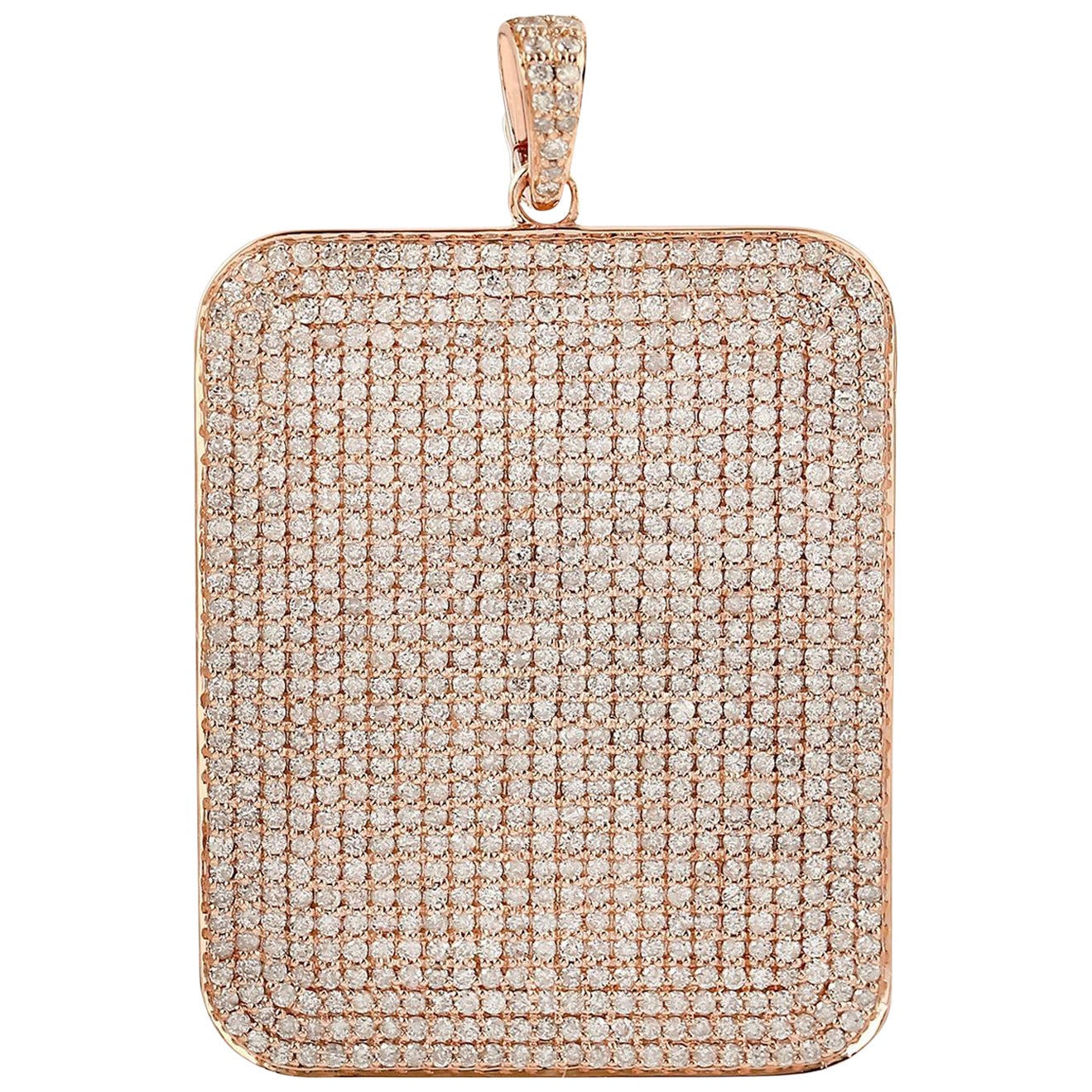 Cushion Cut Rose Gold Pendant with Pave Diamonds Dog Tag in 14k Rose Gold For Sale
