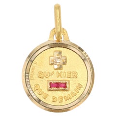 French Ruby Diamond 18K Yellow Gold Plus Qu'hier Moins Que Demain Pendant