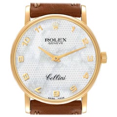 Rolex Cellini Classic Yellow Gold Mop Dial Black Strap Watch 5115 Card