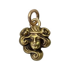 Antique Art Nouveau Woman Goddess Flower Pendant Necklace by Link & Angell 14 Karat Gold