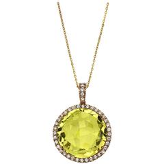 23.00 Carat Lime Quartz Diamond Gold Round Pendant