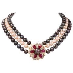 Multi Strand Pearl Ruby Diamond Necklace Clasp Pin Brooch