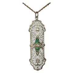 Art Deco Old Mine Diamond Emerald Pendant Necklace Filigree 14K White Gold