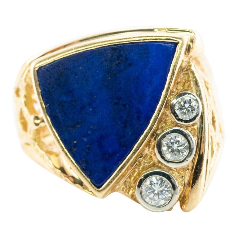 Lapis Lazuli Diamond Ring 18K Gold Geometric Vintage For Sale