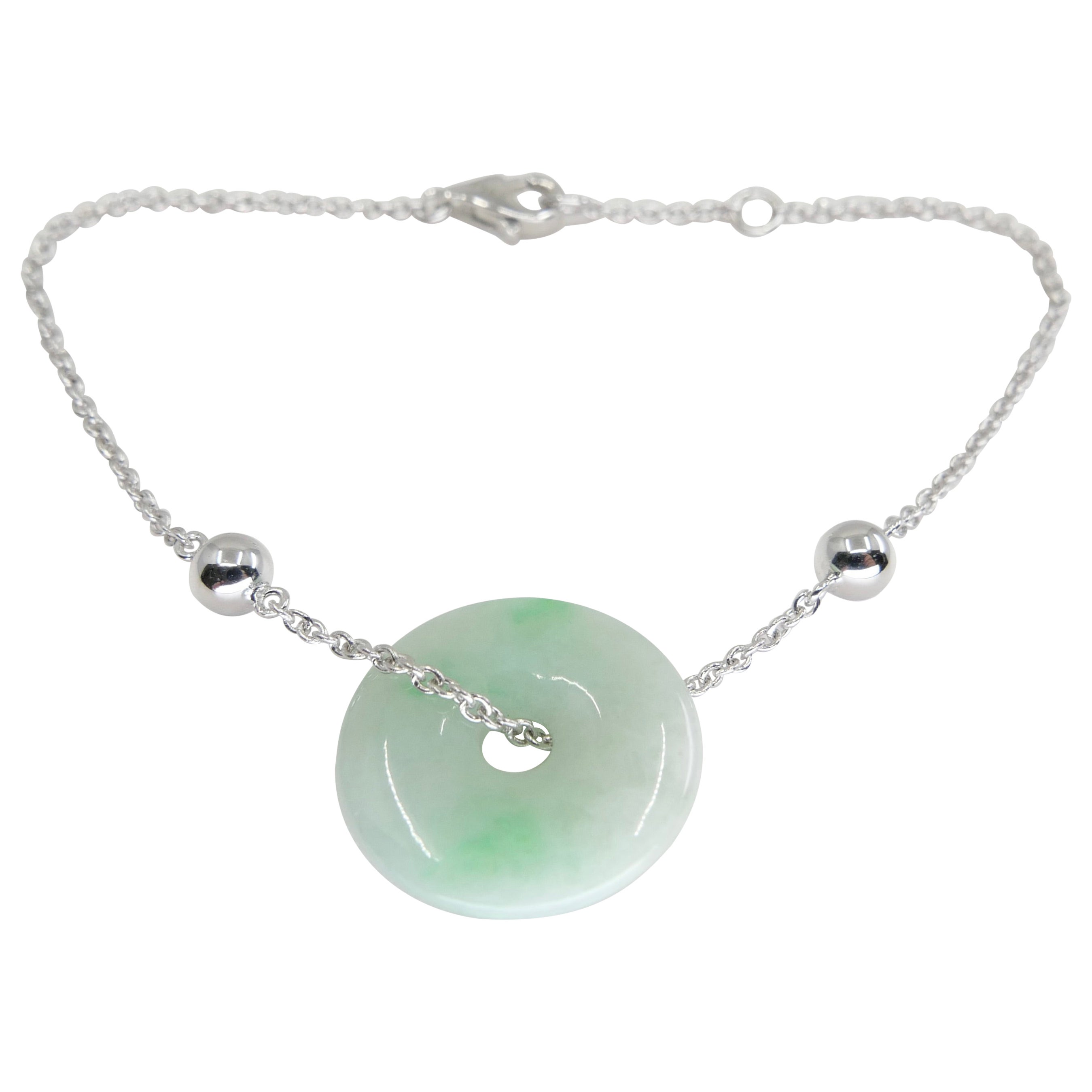 Certified 6.94 Cts Lucky Jade & White Gold Bracelet, Patches of Apple Green For Sale