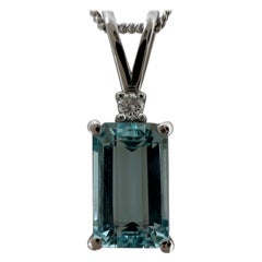 1.60ct Fine Blue Emerald Cut Aquamarine & Diamond 950 Platinum Pendant Necklace