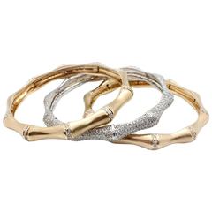 Set of 3 Pave Diamond Two Color Gold Bamboo Style Bangle Bracelets