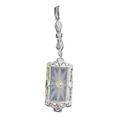 Antique Art Deco Rock Crystal Old Mine Diamond Pendant Necklace Filigree 14K White Gold