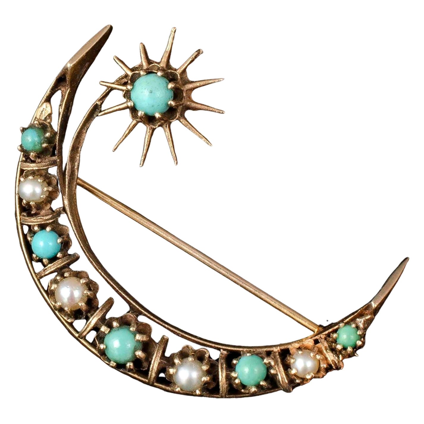 14k Gold Seed, Pearls, Turquoise Victorian Revival Crescent Moon Star Pin Brooch