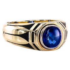 Natural Certified Buffed-Top Sapphire in Antique Gold Ring with Enamel