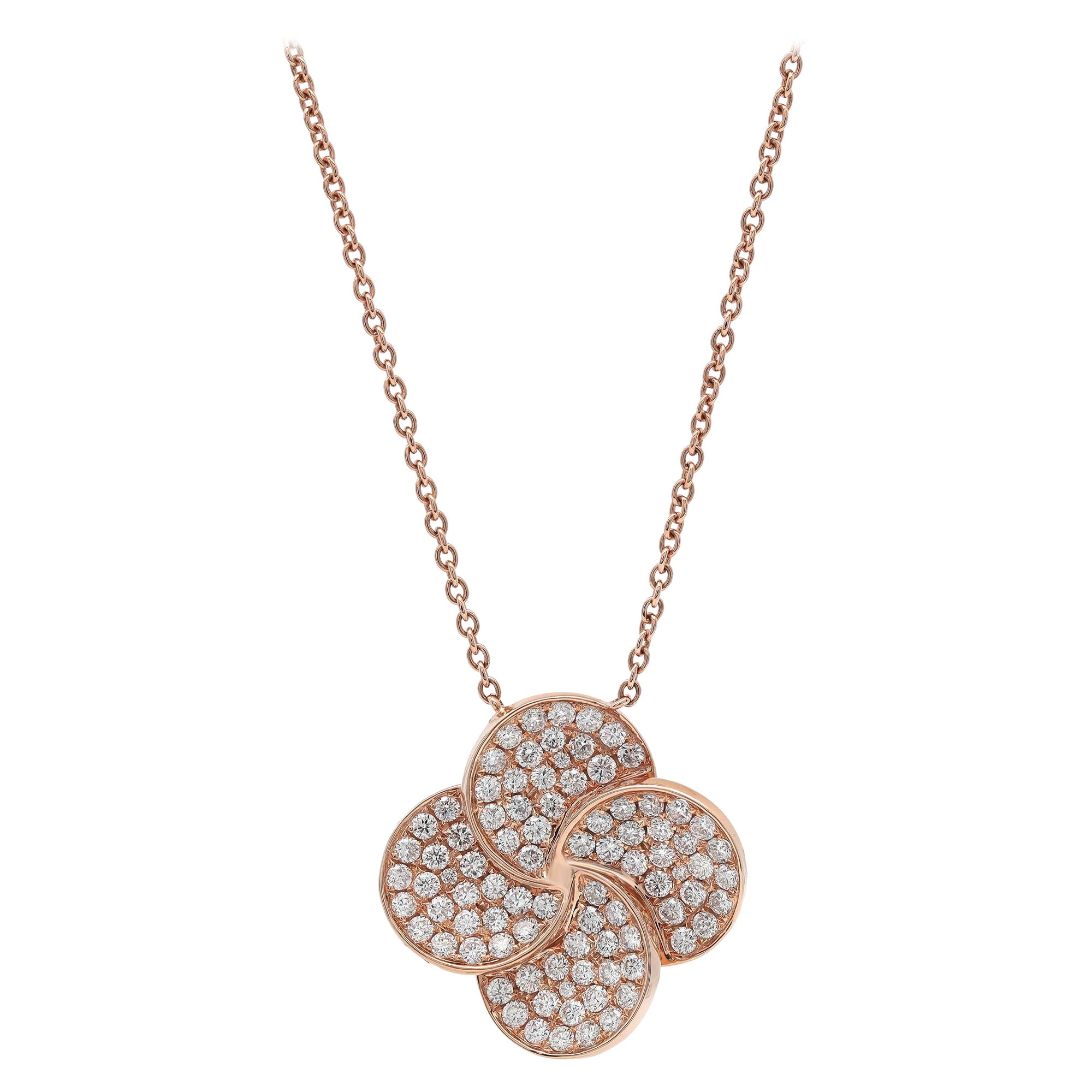 1.77Cttw Pave Set Round Cut Diamond Flower Pendant Necklace 18K Rose Gold
