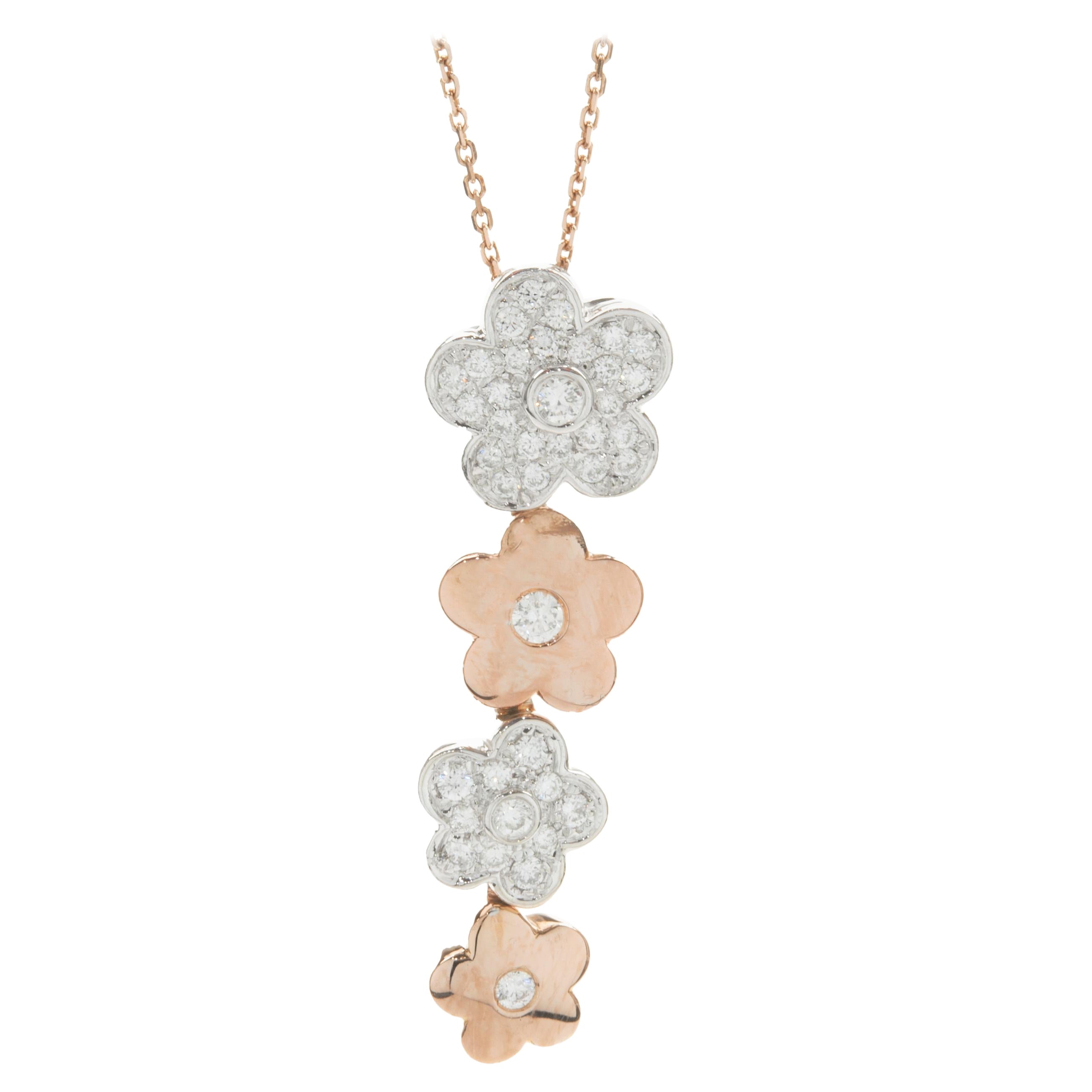 14 Karat Rose and White Gold Pave Diamond Flower Drop Necklace For Sale