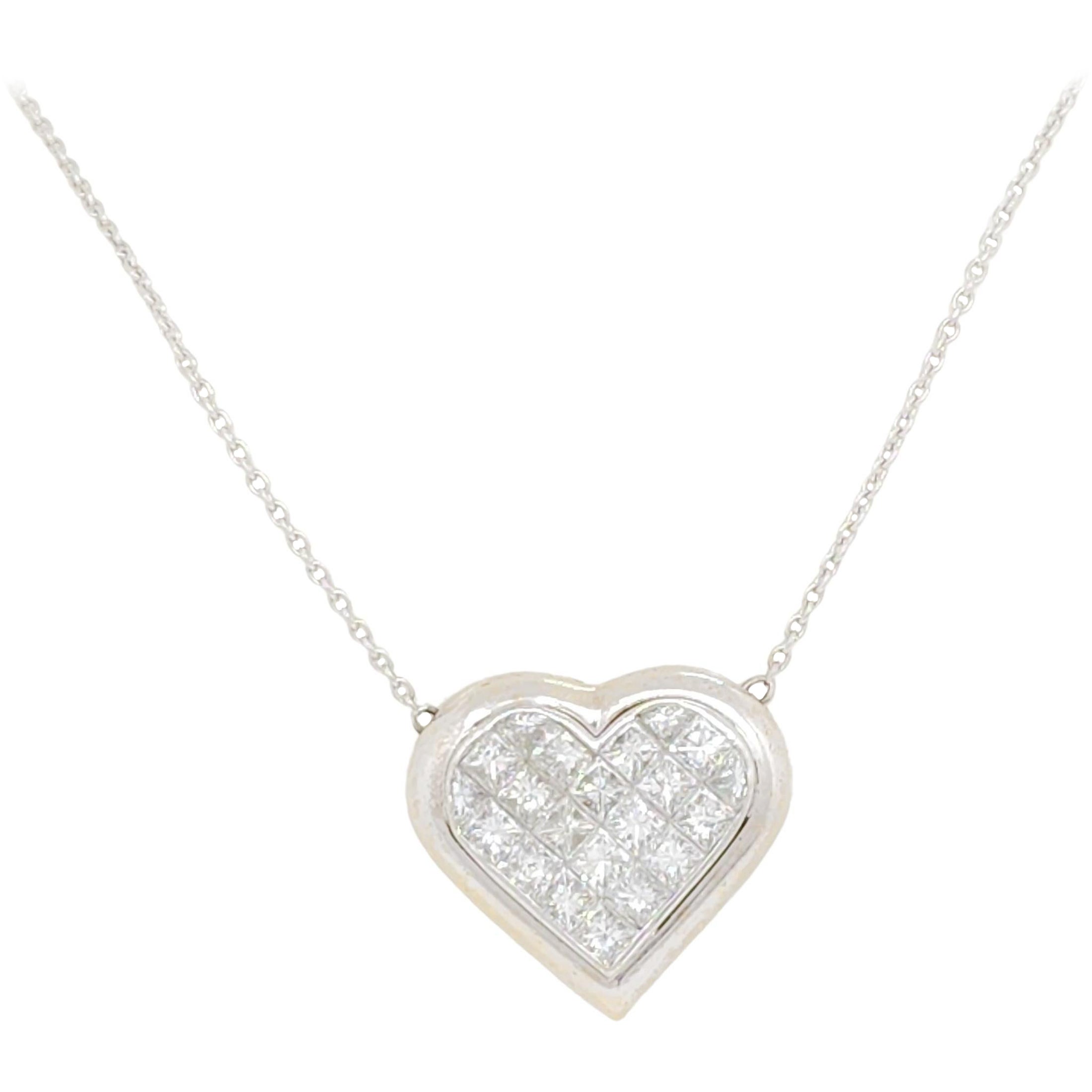 White Diamond Princess Cut Heart Pendant Necklace in 18k For Sale