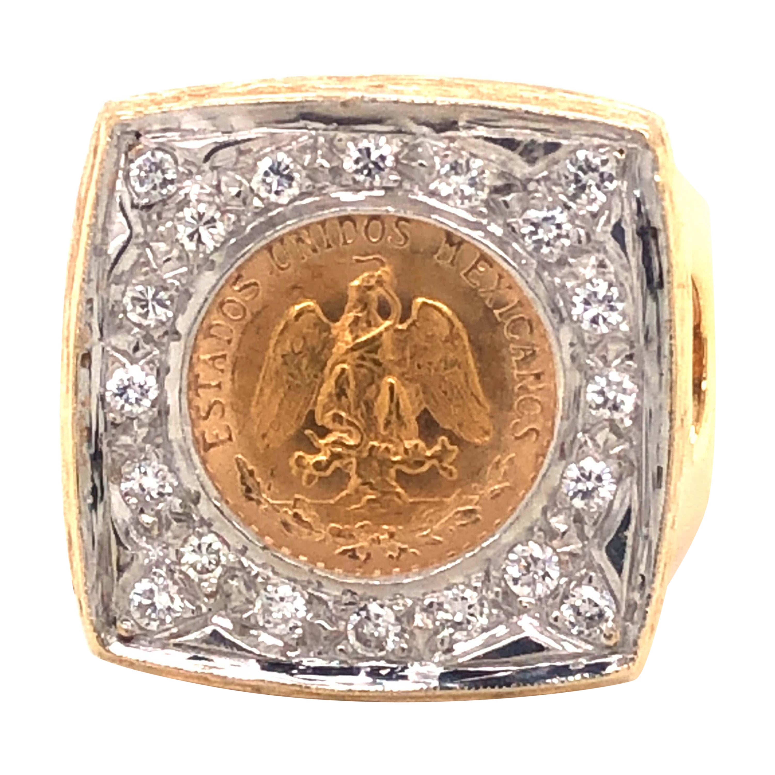 Dos Pesos Gold Coin Diamond Ring in 14k Yellow Gold For Sale