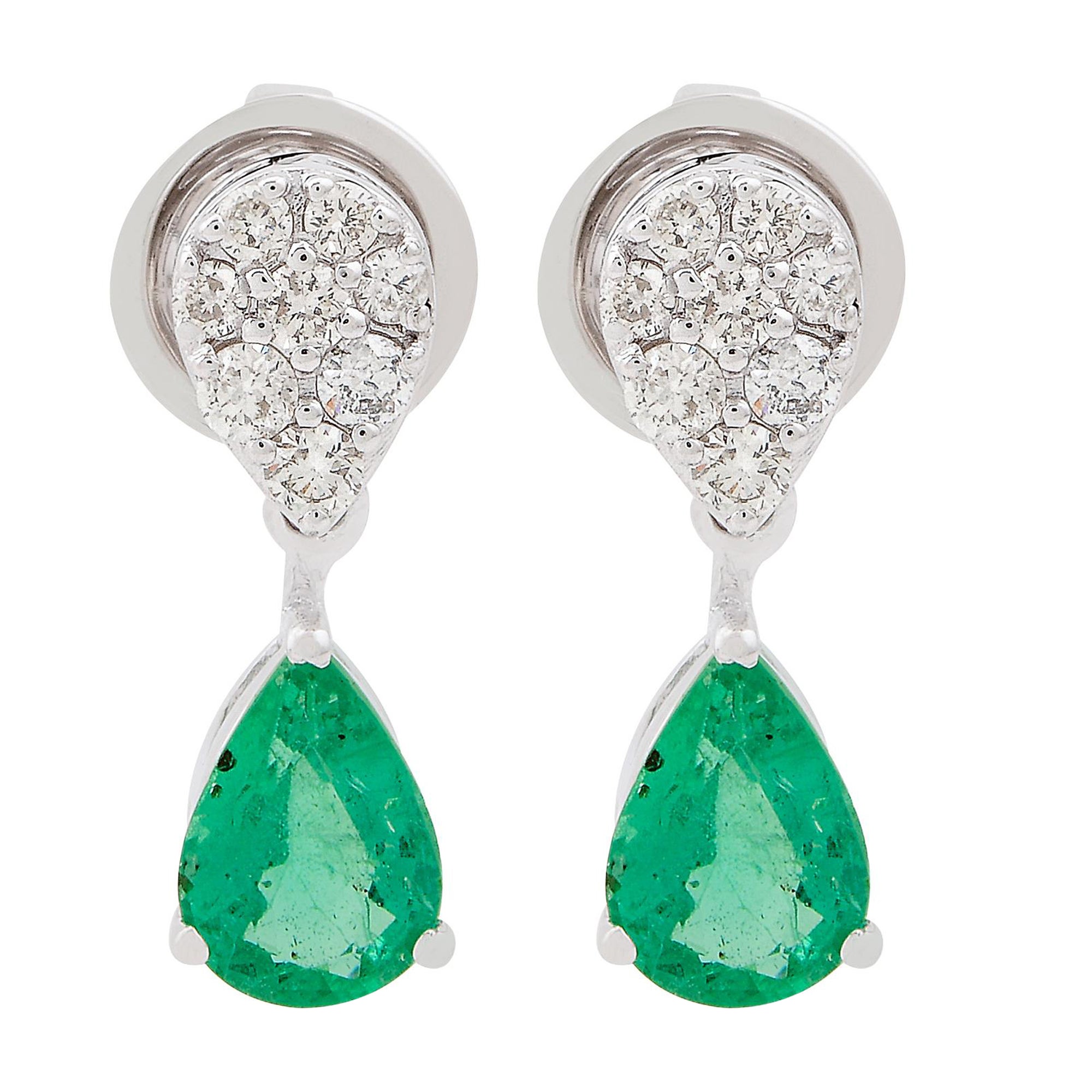 Pear Shape Natural Emerald Drop Earrings Diamond 18 Karat White Gold Jewelry For Sale