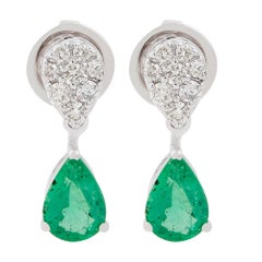 Pear Shape Natural Emerald Drop Earrings Diamond 18 Karat White Gold Jewelry