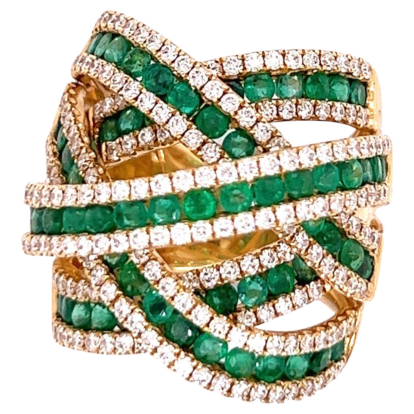 18 Karat Yellow Gold with Diamonds and Emeralds De Grisogono Inspired Style Ring For Sale