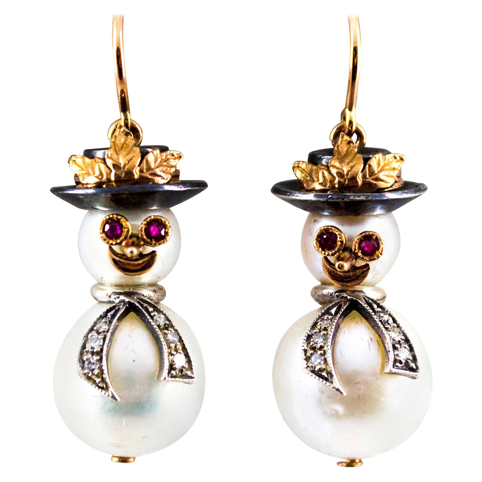 0.25 Carat White Diamond Ruby Oriental Pearl Yellow Gold "Snowman" Stud Earrings For Sale