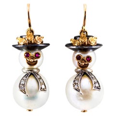 0.25 Carat White Diamond Ruby Oriental Pearl Yellow Gold "Snowman" Stud Earrings