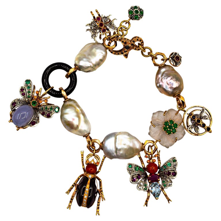 Art Nouveau Diamond Ruby Sapphire Emerald Aquamarine Pearl Yellow Gold Bracelet For Sale