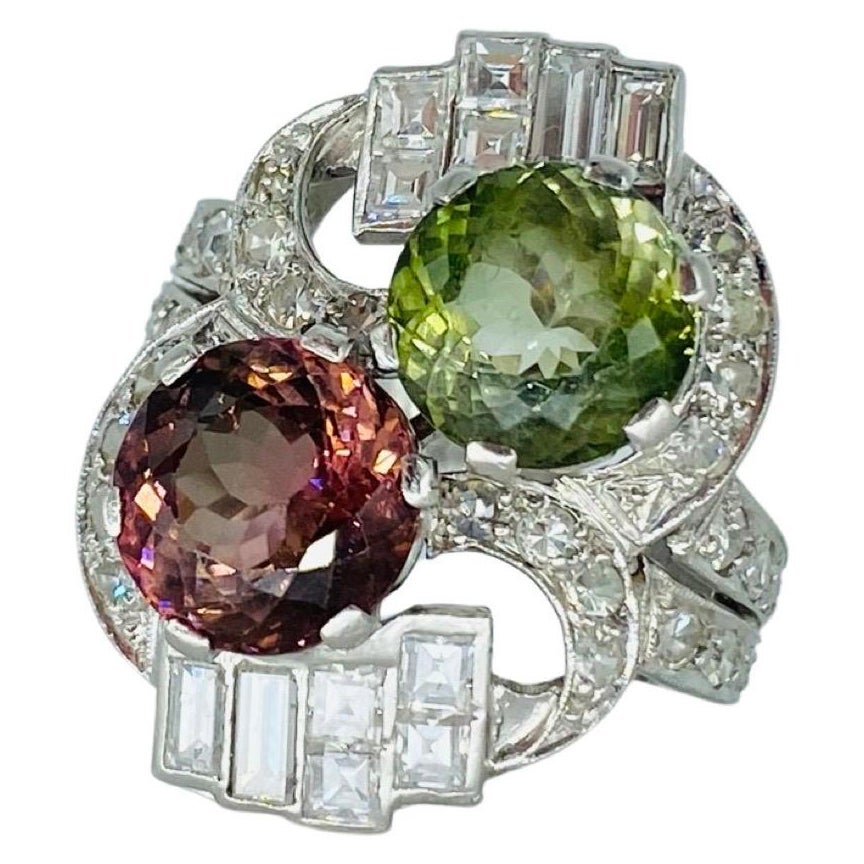 Antique 8.40 Total Carat Weight Tourmaline and Diamonds Platinum Ring For Sale