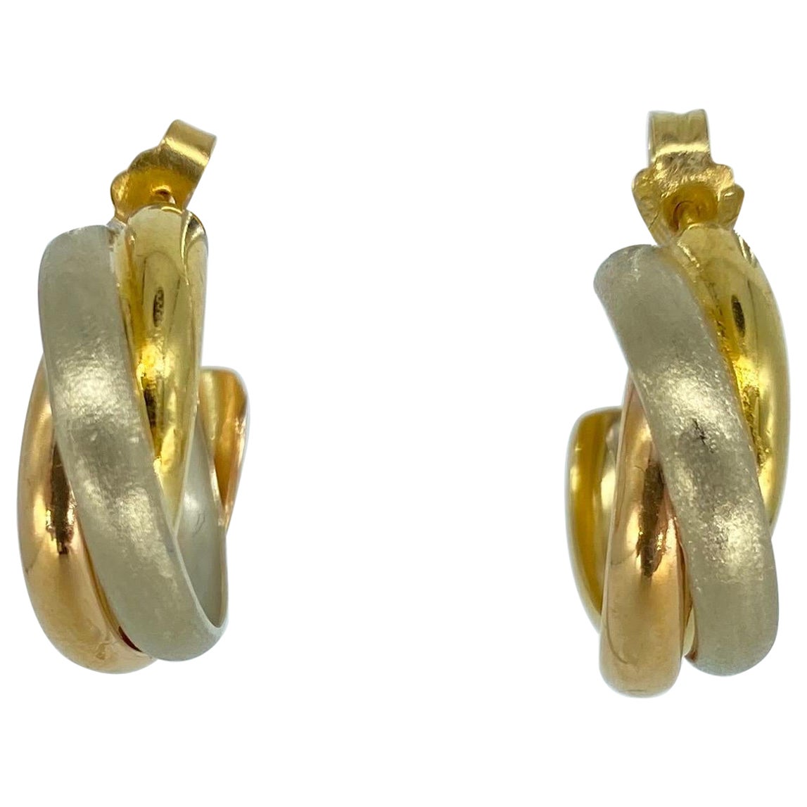 Vintage Trinity Interlaced Rose White Yellow 18k Gold Hoop Earrings For Sale