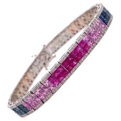 Bracelet arc-en-ciel en or blanc 18 carats avec plusieurs saphirs multicolores 18,16 carats 22,37 grammes
