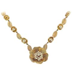 1960s French Tremblant Mesh Flower Diamond Gold Necklace
