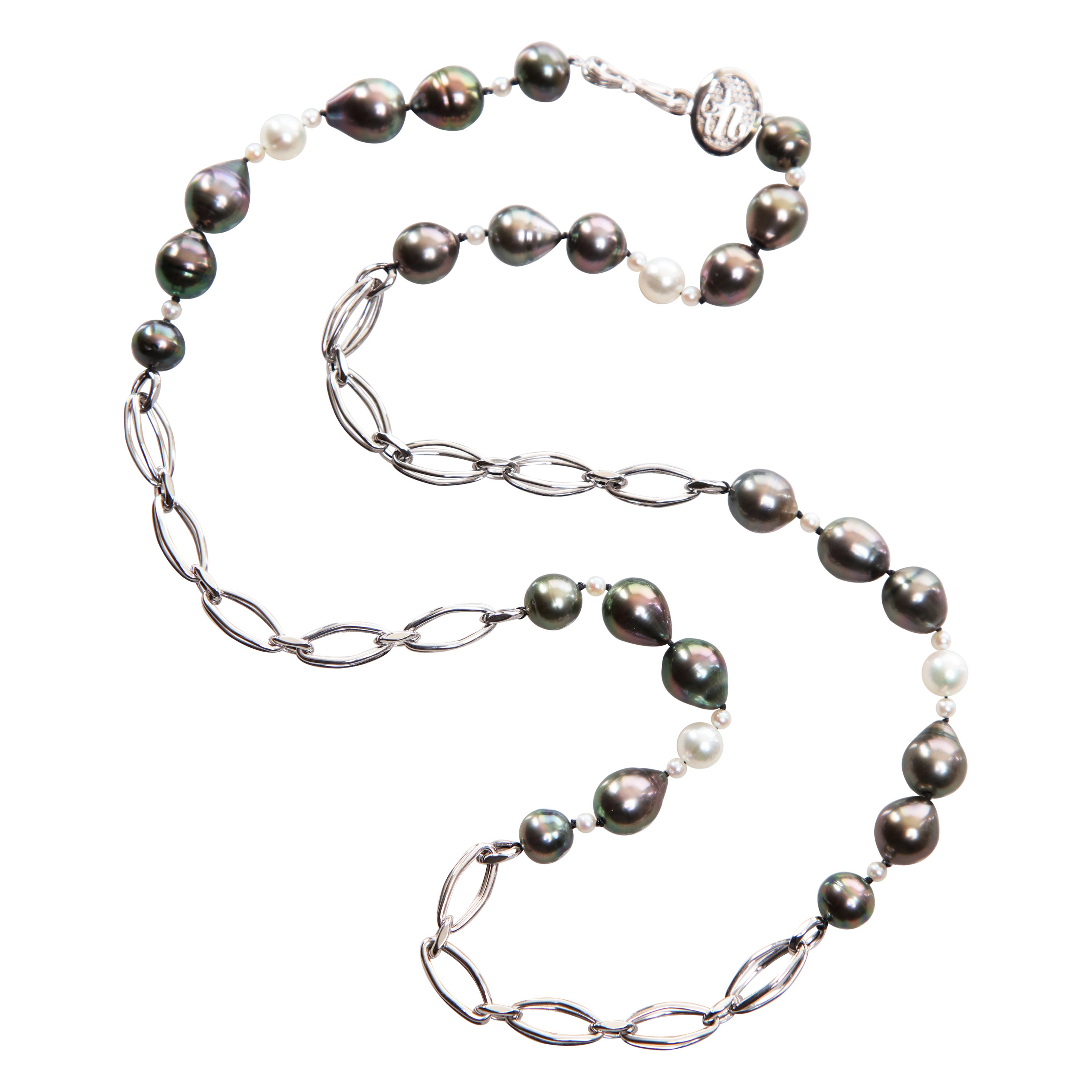 Tahitian and Akoya Pearls Combine With a White Gold Chain For Sale