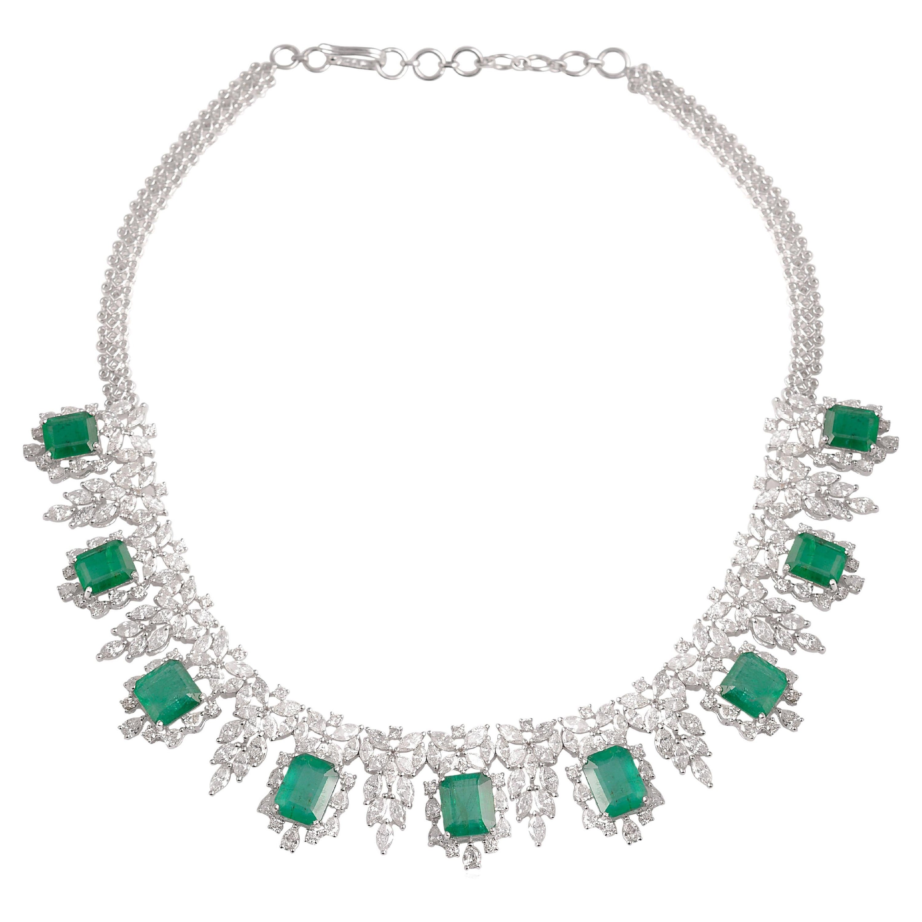 Natural Emerald Gemstone Choker Diamond Necklace 18 Karat White Gold Jewelry