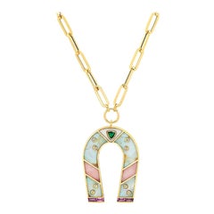 14K Yellow Gold Small Opal, Emerald and Diamond Horseshoe Necklace