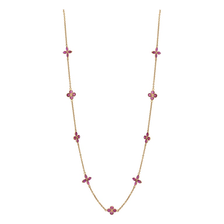 Gemistry 3.93 Cttw. Ruby Flower Station Necklace in 18K Yellow Gold For