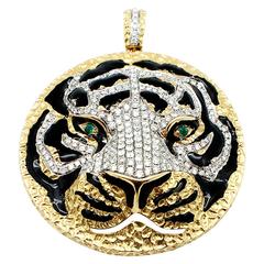 Black Enamel Emerald Diamond Gold Leopard Pendant
