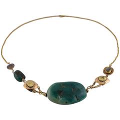 Big Green Turquoise Labradorite Two-Color Gold Statement Necklace