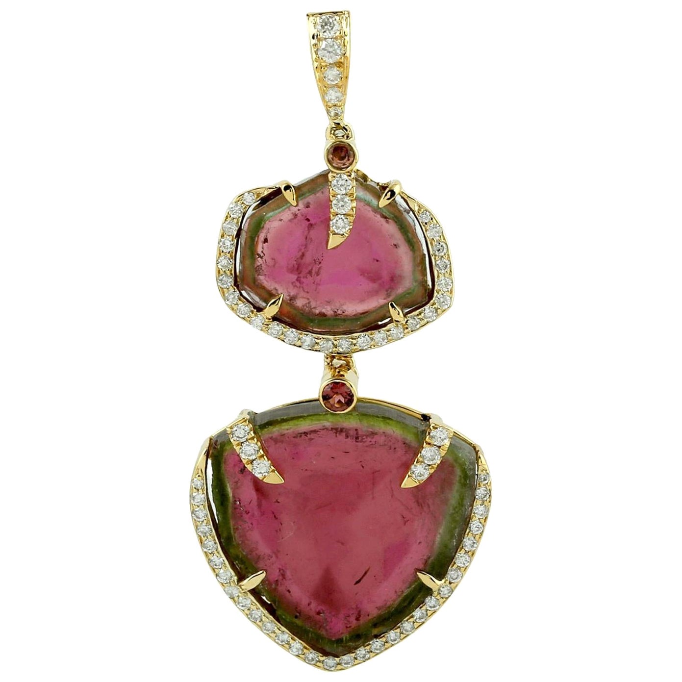 Sliced & Rose Cut Watermelon Tourmaline Pendant Made in 18k Yellow Gold For Sale