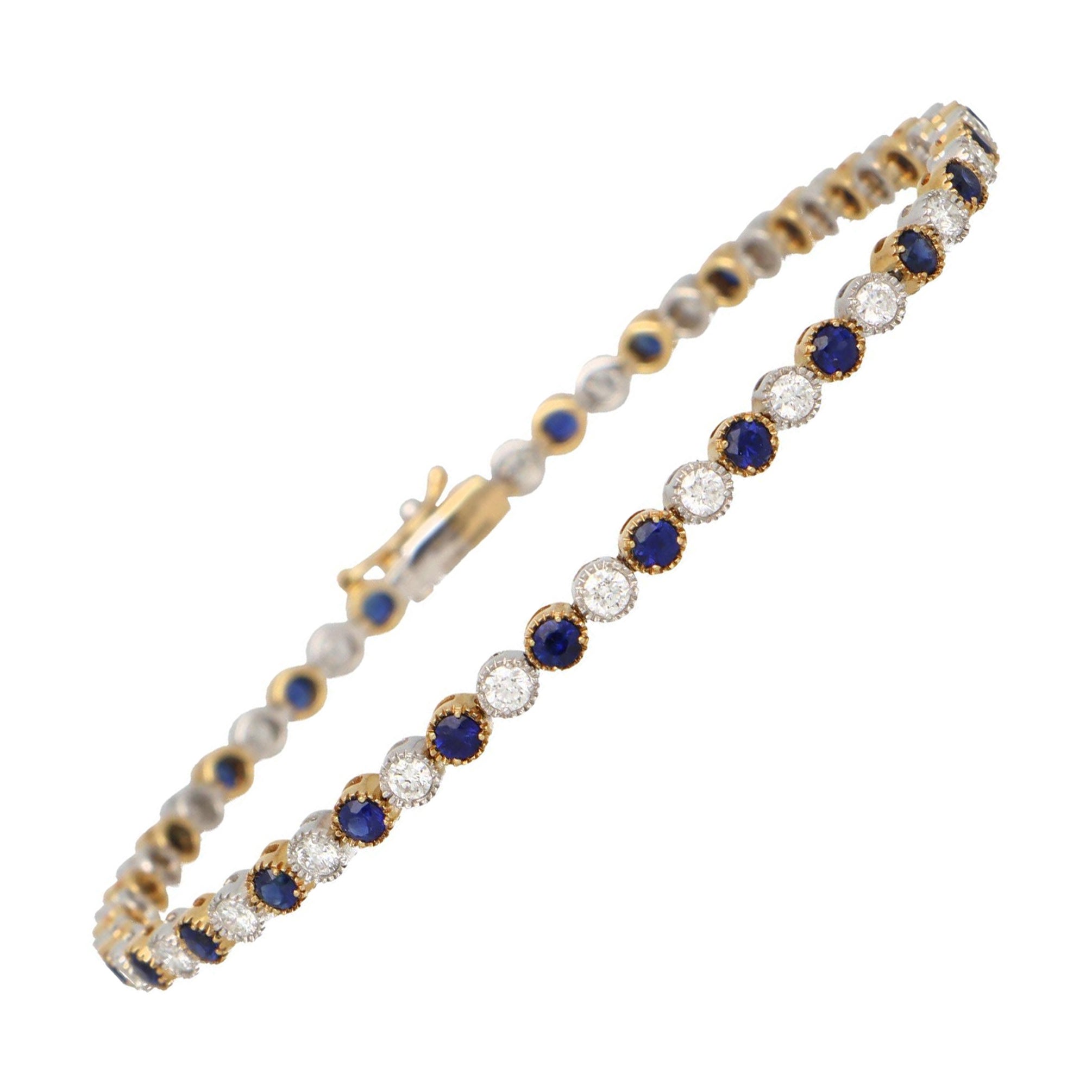 Sapphire and Diamond Tennis Line Bracelet Set in 18k White and Yellow Gold For Sale
