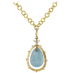 Bohemian Large Bright Aquamarine Diamond Gold Pendant