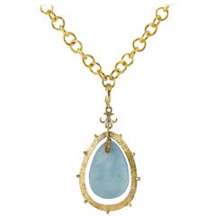Large Bright Aquamarine Diamond Gold Pendant 8