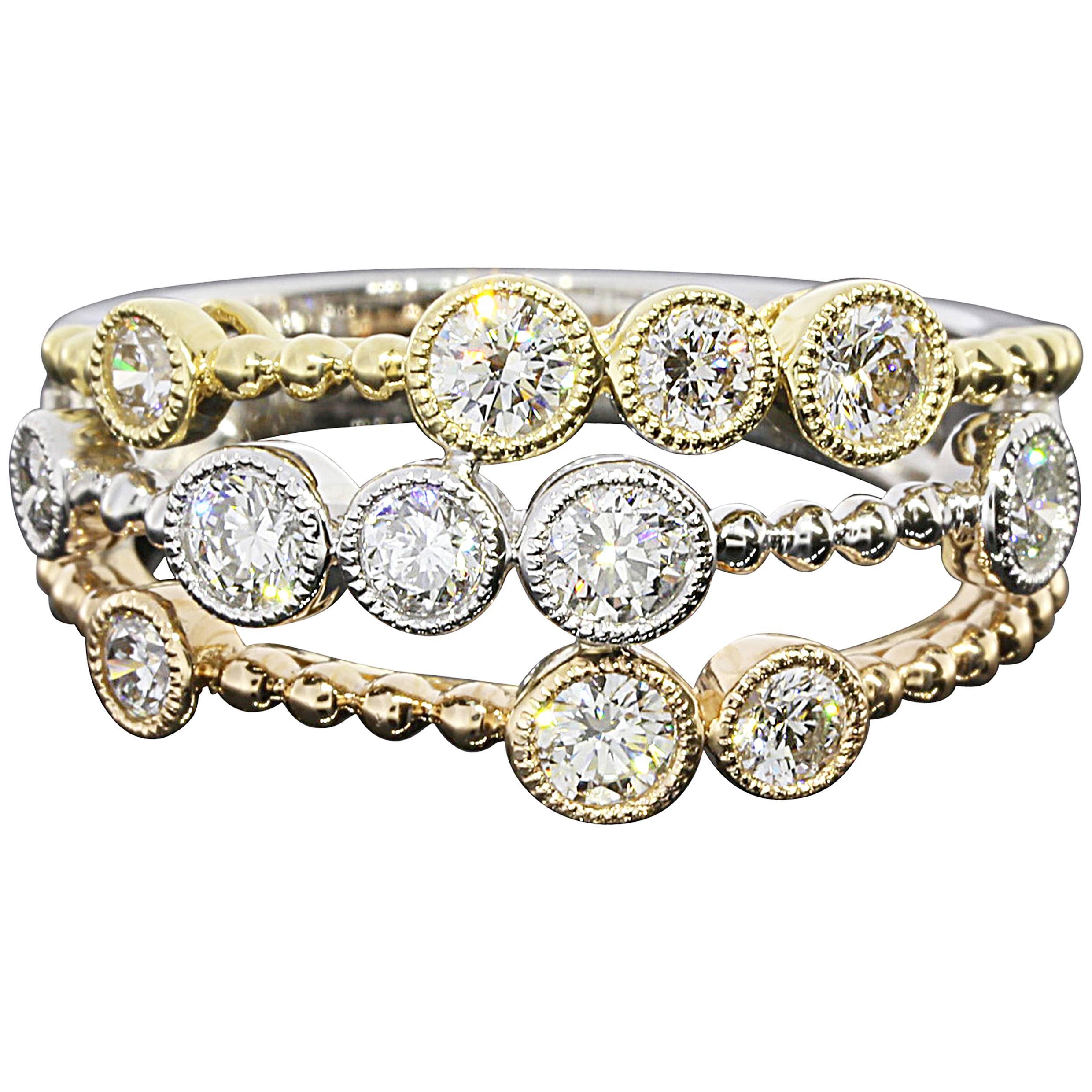 Distinctive Diamond Tricolor Gold 3 Row Right Hand Band Ring